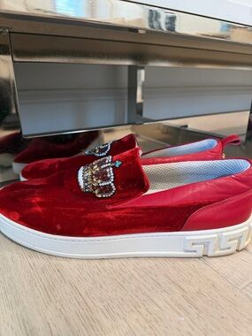 Versace Red Velvet Slip-On Loafers with Embellished Crown